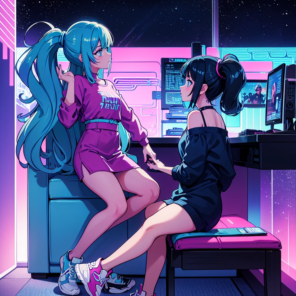 (masterpiece), Highest quality, Expressive eyes, Neon pastel aesthetics, Retro 90s, Neon color,((Girl sitting on sofa,In a cozy room,Records hanging on her wall, Comic books on the floor, Looking out the window behind her at the night city, Upholstered room, Anime figures lined up on a shelf)), Wearing headphones, (All around her it sparkles), (wearing thick colorful sneakers), (blue eyes), (Soft look), (Synthwave Art Style), Colorful Hair, Desk with PC set up