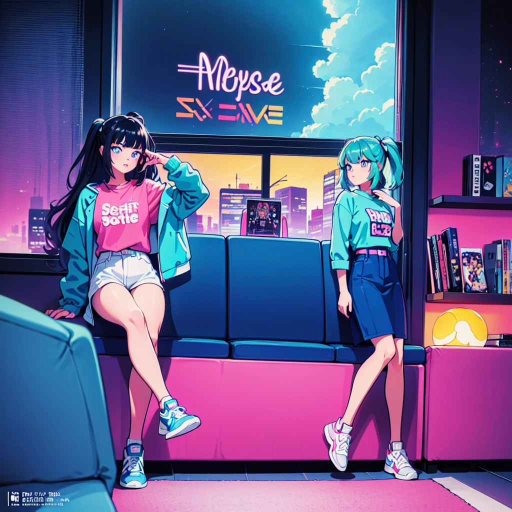 (masterpiece), Highest quality, Expressive eyes, Neon pastel aesthetics, Retro 90s, Neon color,((Girl sitting on sofa,In a cozy room,Records hanging on her wall, Comic books on the floor, Looking out the window behind her at the night city, Upholstered room, Anime figures lined up on a shelf)), Wearing headphones, (All around her it sparkles), (wearing thick colorful sneakers), (blue eyes), (Soft look), (Synthwave Art Style), Colorful Hair, Desk with PC set up