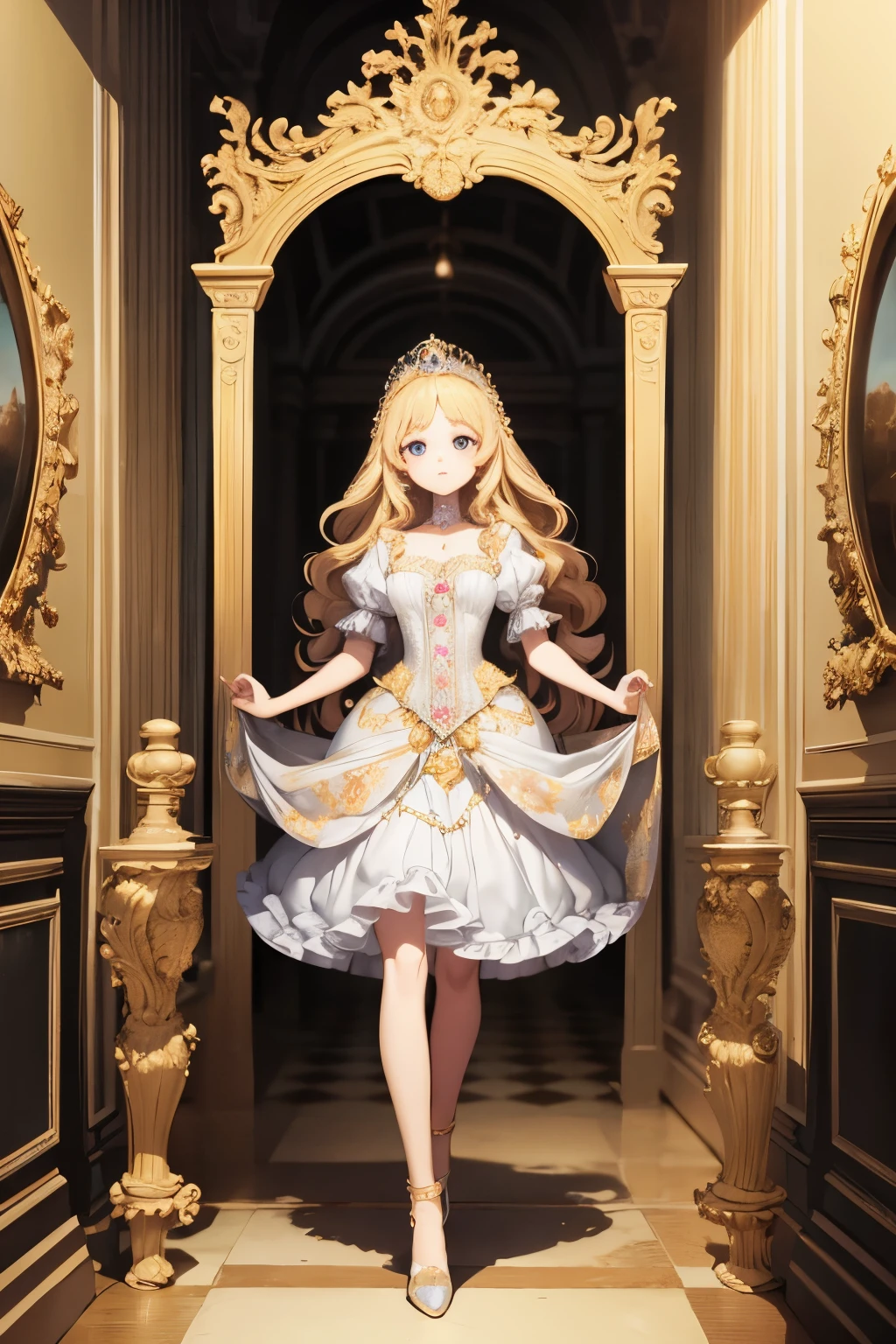 (masterpiece), best quality, princess, rococo style, mystical, walking out of a mysterious portal, facing the the camera, full body