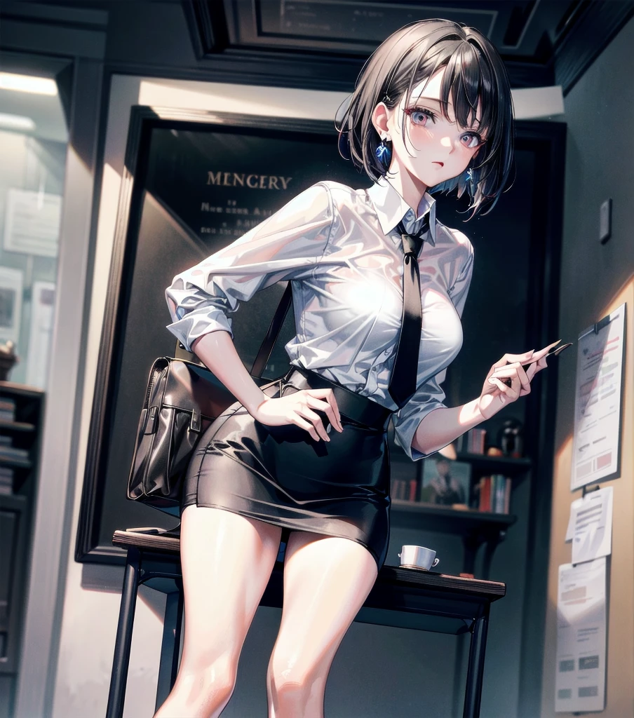 RAW photo, extremely delicate and beautiful, masterpiece, Best Quality, ultra high resolution, 16k, photorealistic, ultra detailed description, pale skin, in her 20s, whole body, medium tits, medium hair, black hair, tearful mole, earring, business suit, pencil skirt, dress shirt, tie,
