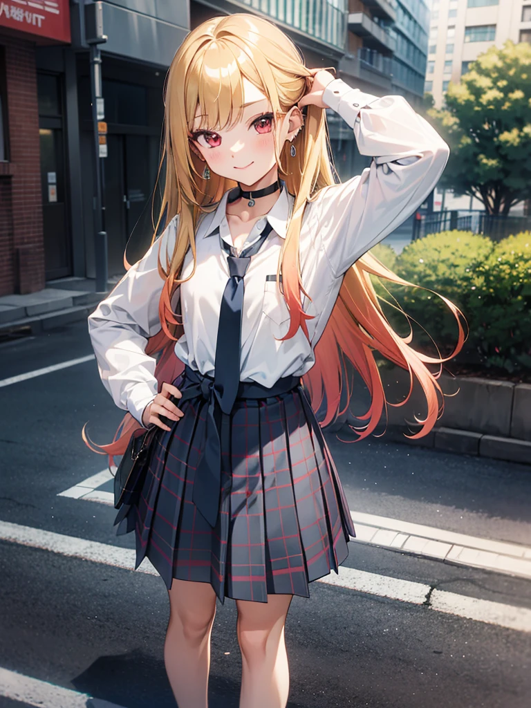 masterpiece, best quality, kitagawa marin, solo, blonde hair, long hair, multicolored hair, red eyes, jewelry, earrings, piercing, , white shirt, tied shirt, black choker, blue necktie, plaid skirt, 10yo, (petite),
smile, standing, street,
