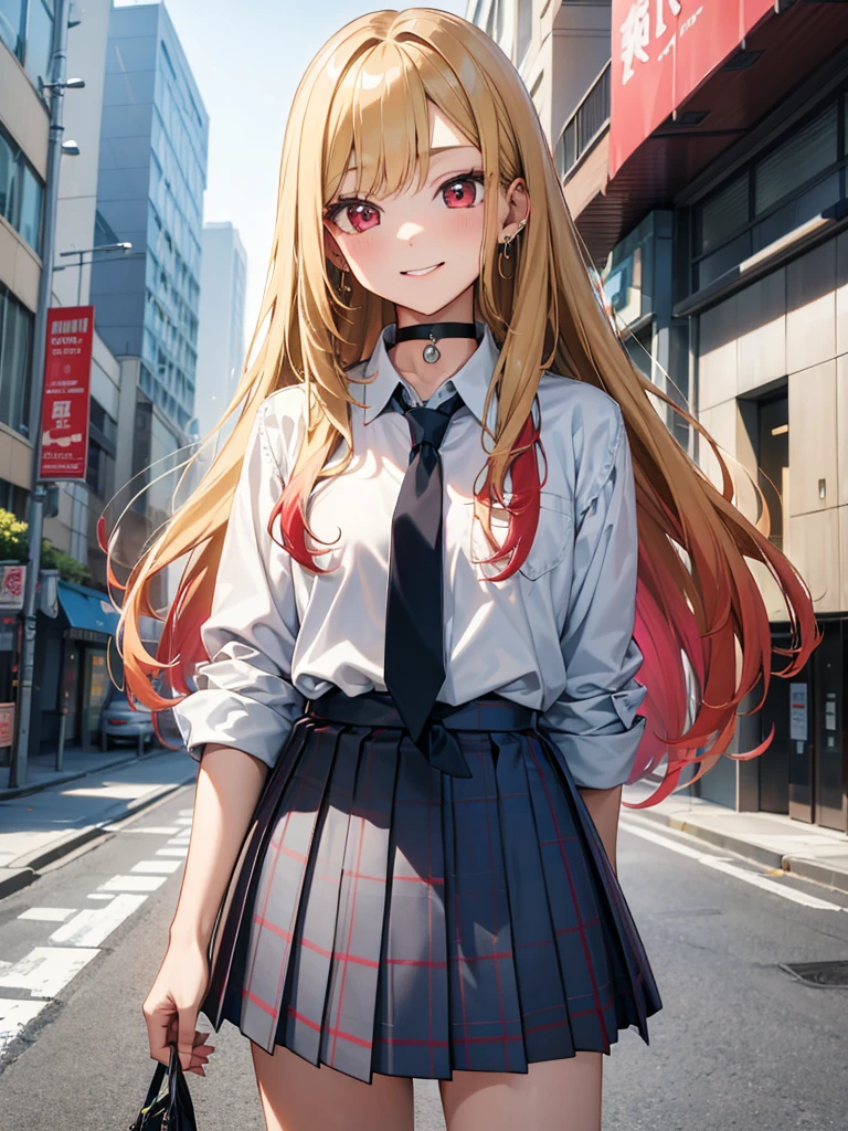 masterpiece, best quality, kitagawa marin, solo, blonde hair, long hair, multicolored hair, red eyes, jewelry, earrings, piercing, , white shirt, tied shirt, black choker, blue necktie, plaid skirt, 10yo, (petite),
 smile, standing, street,
