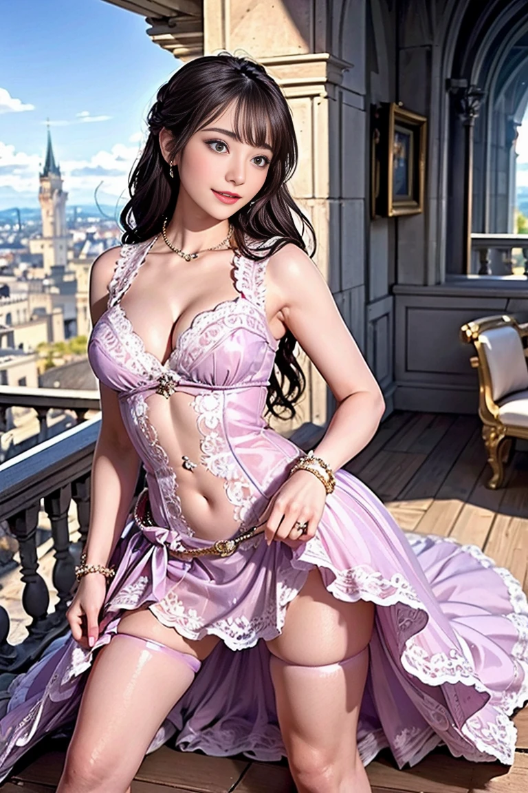 nsfw, (saliva:1.3), (orgasm face1.3),(ssmile),(open vagina, vivid pussy, high quality vagina:1.3),(Rococo architecture:1.2),(castle balcony:1.5), dynamic angle,((1 girl, Purple sheer pleated mini dress , higher resolution)), (beautiful illustration),(beautiful semi long hair),(gazing at viewer),innocent ssmile,cinematic lighting,above knee white,Lace chalk, bracelet,bracelet, White fingerless gloves, aretes,giorno,blue sky,breasts big,red lipgloss stick,