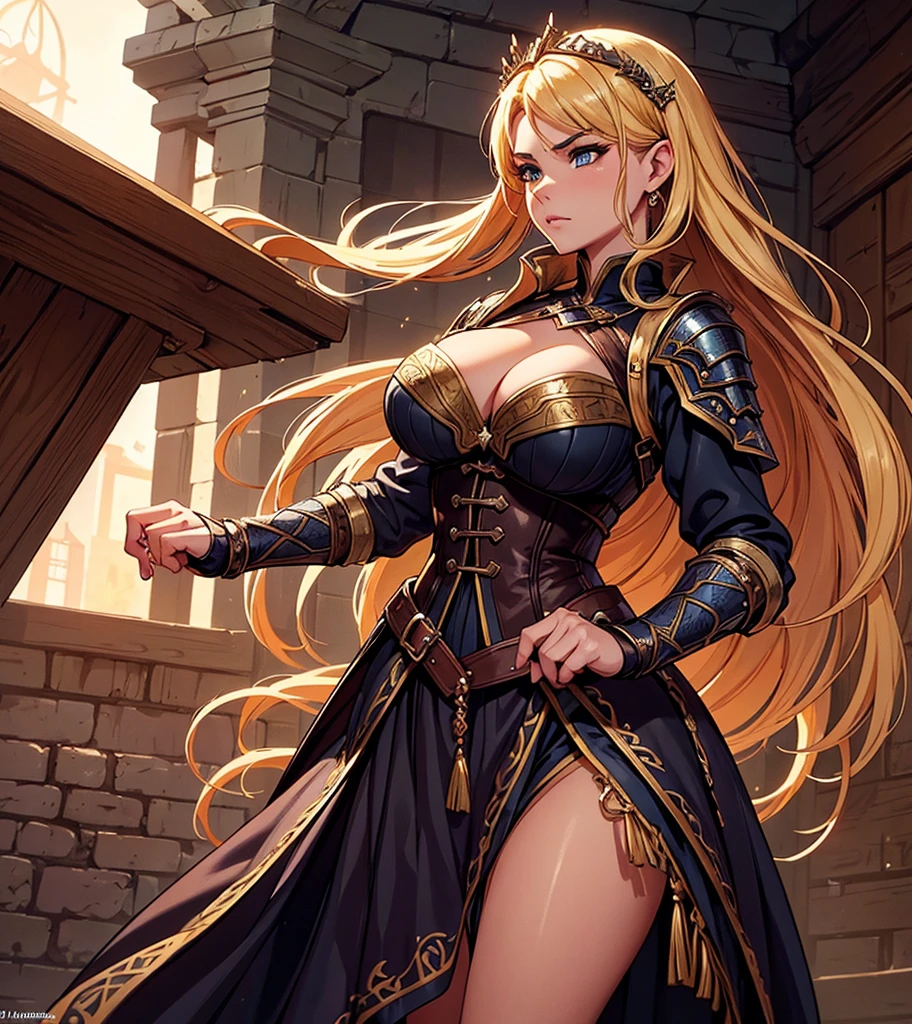 (((Solo character image.))) (((Generate a single character image.))) (((Dressed in medieval fantasy attire.))) (((Dressed in medieval fantasy attire.))) Create a captivating and enigmatic female warrior reminiscent of glamor models Anastasia Kvitko and Louisa Khovanski. This character is renowned for her remarkable 112-63-118 figure. She exudes an air of elegance and mystery. (((Sultry blonde hair.))) (((Perfect body.)))
Imagine a thrilling female adventurer in a high-fantasy setting, akin to a swashbuckler. We need a single character portrait with intricate details, wearing fantasy attire. She should be adorned in leather armor and a tight corset, exuding a shadowy and athletic demeanor.
Her body is agile and toned, like that of a gymnast, and she strikes an action pose. She is clad in medieval clothing, and her arched eyebrows give her a sassy and attractive appearance. Her face is strikingly gorgeous, with a sneaky and sly expression in her evil glare.
Her hair is both very sexy and alluring, cascading in intricate waves. She possesses firm breasts and an air of arrogance. Her body is beautifully detailed and realistic.
The artwork should be hyper-detailed and worthy of trending on platforms like ArtStation. This is a character portrait designed for use in Dungeons & Dragons, Pathfinder, Skyrim, Lord of the Rings, Game of Thrones, or similar high-fantasy settings. Please ensure the image is centered and presented in ultra HD quality, possibly 8k resolution, with an epic masterpiece level of detail.