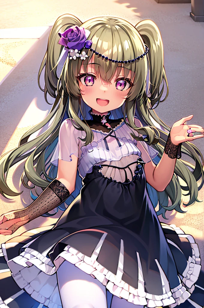 Himari Mei, masterpiece, loli, cute, flat chest, cute and shy smile, highly detailed sparkling brilliant purple eyes, open mouth slightly, standing in summer beach, aquamarine sea, sandy beach, black dress, perfect body, detailed hands, reaching