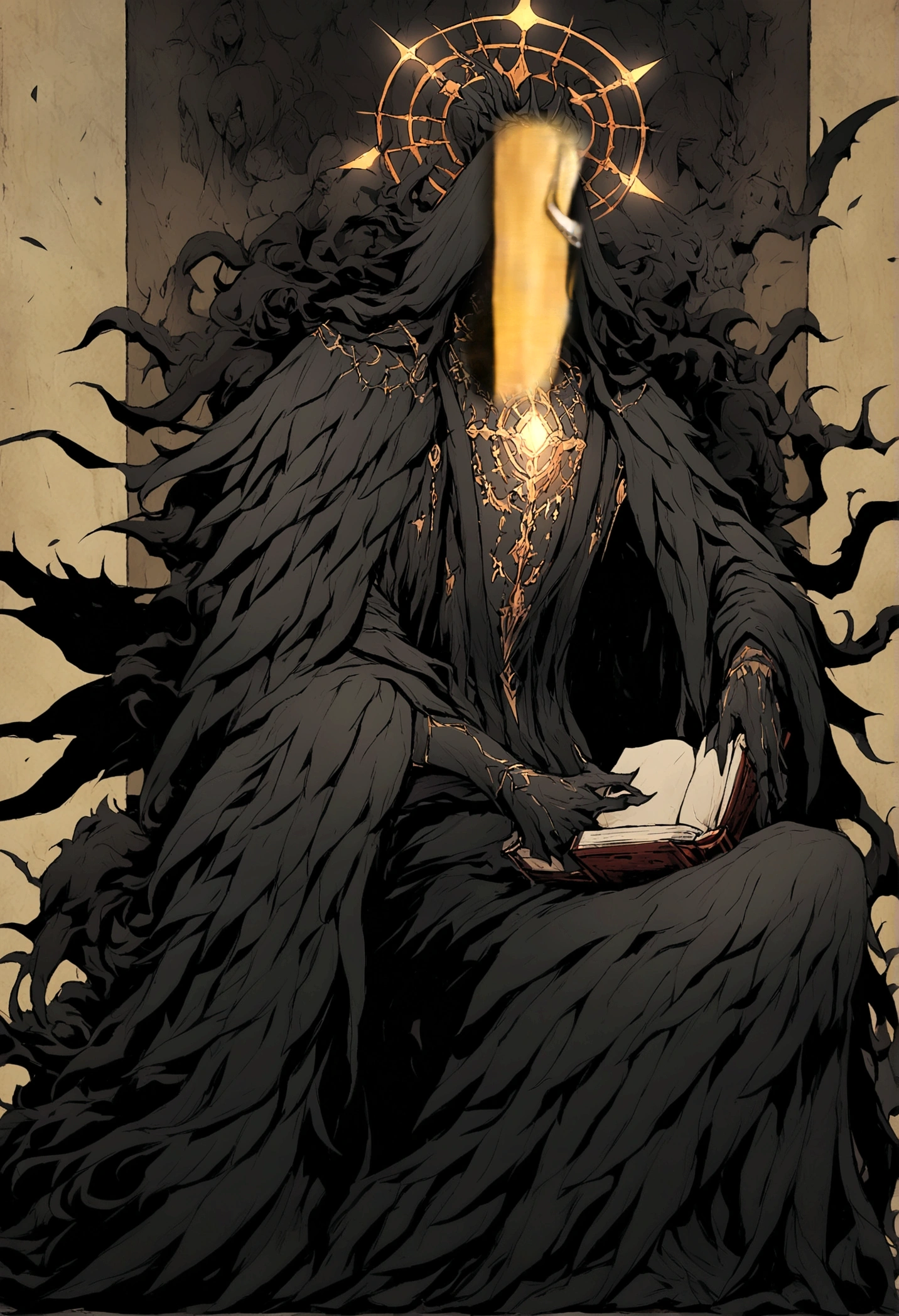 work of art:1.2, best qualityer, ultra detaild, mascle, focused, human face, masculine face, man's face, black horns, celestial demon wizard, Youngh, serious, chilly, horns on her head and a shining golden halo behind her symbolizing her celestial and demonic duality, two large black wings that combine bright plumes with a dark and threatening appearance, black hair, kentaro miura style, fancy, Sci-fi, light background, a painting of a man in a black robe sitting in a wheelchair, holding an open ancient magical book, Dress him in dark, majestic robes with golden details, black hair, dark haired, demonic angel, black feathers, big black wings, standing alone, inspired by Edmundo Blampied, inspired by Nicola Samori, inspired by Pietro Longhi, by Nicola Samori, by Edmundo Blampied, Direction: Stephen Gammell, Estilo Stephen Gammell, sinister figure in the background, Direction: Leonaert Bramer, Direction: Johann Kaspar Füssli .