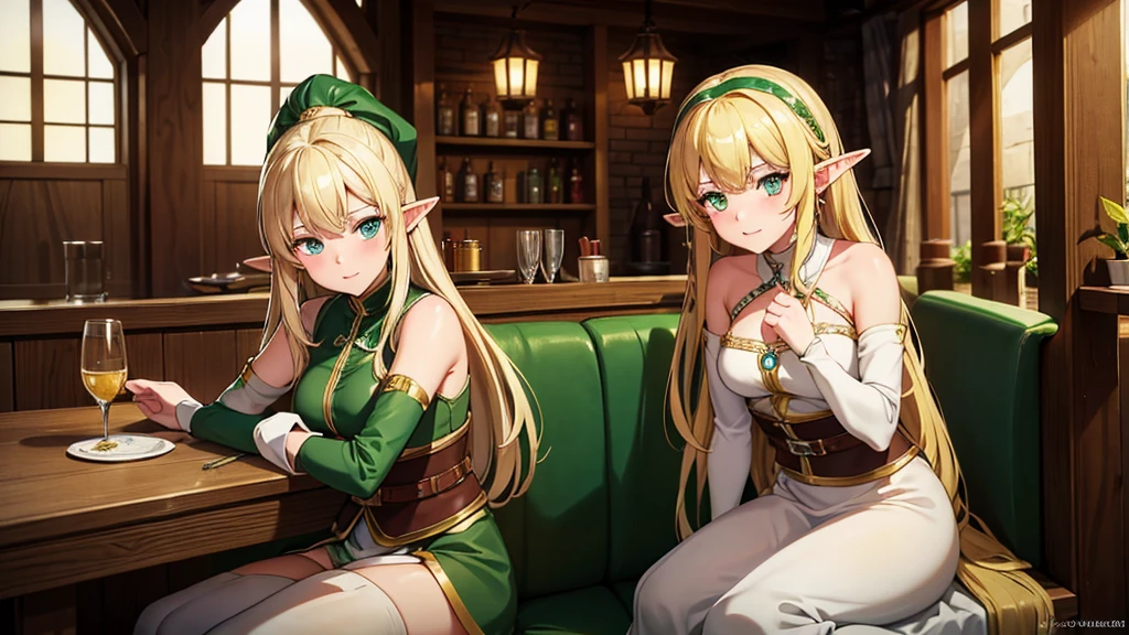 Best quality, 8K, masterpiece, ((1 person)), elf female, blonde, long hair, emerald gemstone eyes, gwaiz style, dim lighting, cute, medieval tavern, older sister, 25 years old, cute in tipsy state