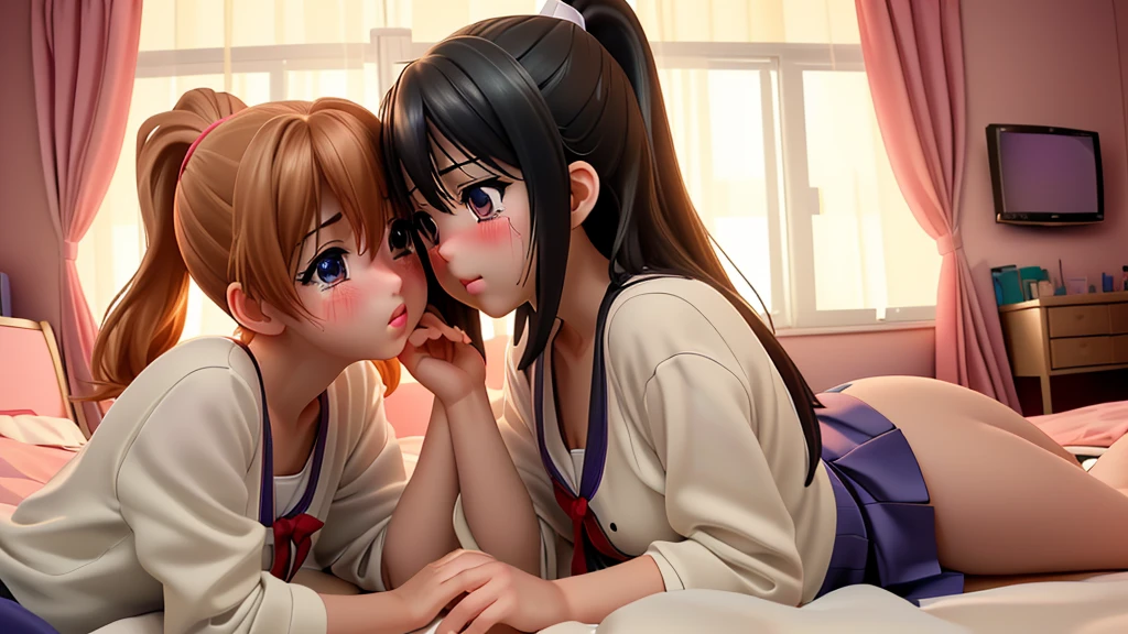 Absurd resolution, high resolution, (masterpiece: 1.4), super detailed, (((detailed face, detailed expression)), (about to kiss:1.3) two girls, girl and girl, friends, best friends, classmates, relaxing, ponytail, bob, sitting on bed, sitting on the floor, two people conversing, background in room, friends, best friend, home, 1K, small room, curtains, bed, TV, desk, room wear, kyoto animation, The atmosphere of Kyoto Animation, (tearful)