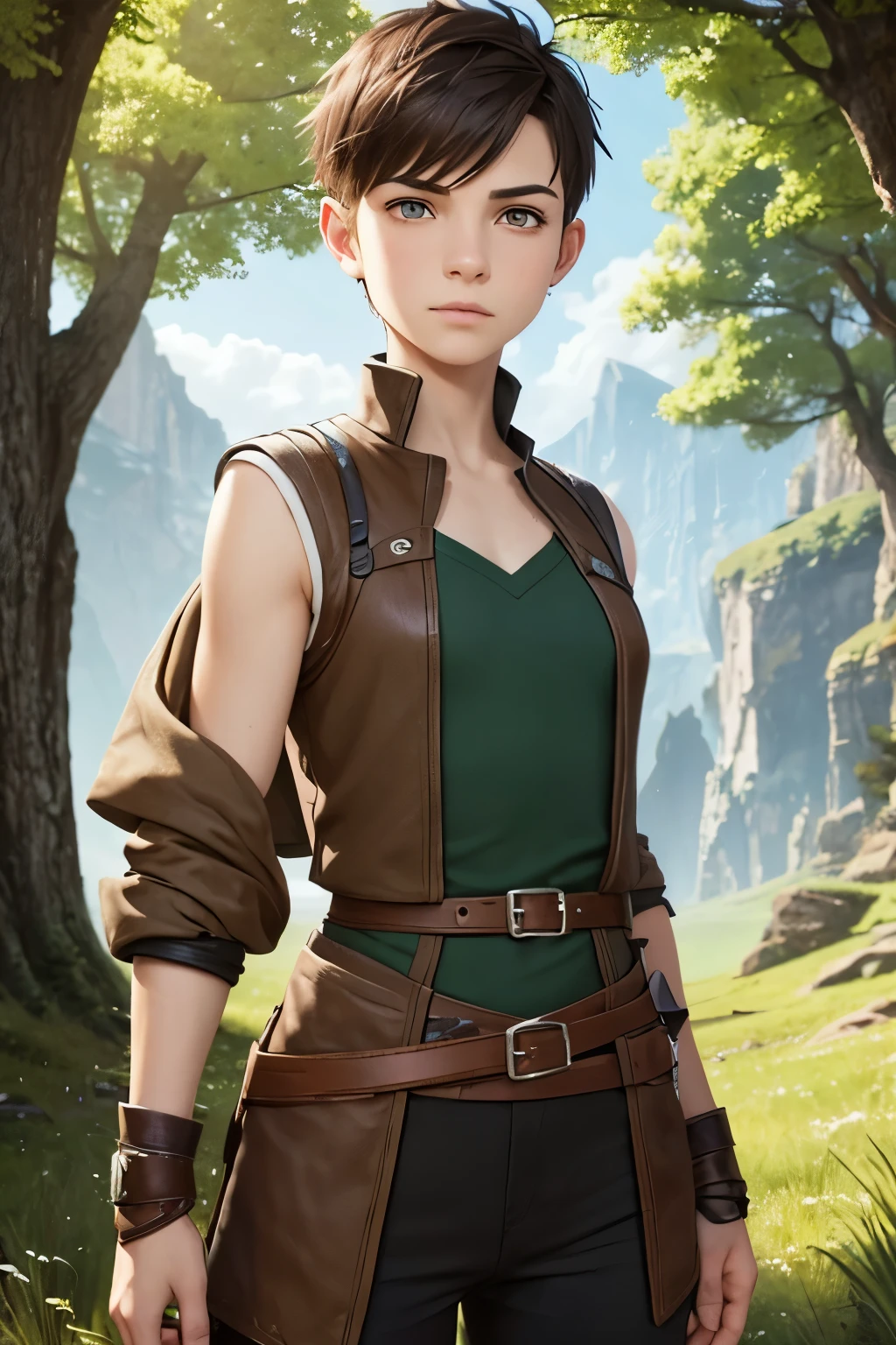 A warm-hearted young woman with an undercut in a fantasy setting. An adventurer and a ranger. Very androgynous looking. In a good mood. Sympathic. Tomboyish. Androgynous. Slim body. Very . Very small breasts. Wide hips. Thick legs. Face: Extremly pale skin with liverspots and freckles. Soft narrow face with a round chin. Soft small jaw. Big forehead. Very thin barely visible eyebrows. Upturned big dark-brown eyes. Dark-brown eyecolour. Very long and wide nose. Big curved lips. Very short dark-brown hair. A boyish short haircut. Undercut. Sides shaved. A tight fantasy outfit of a lonley adventurer and ranger. Background: green meadow and a blue sky.
