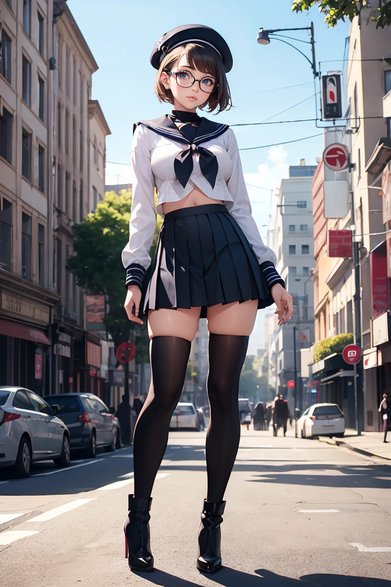 Best quality, Masterpiece, white thighboots, pleated skirt, sailor uniform, beret, glasses, short hair, medium breasts, cleavage, full body, city, high heels boots, navel