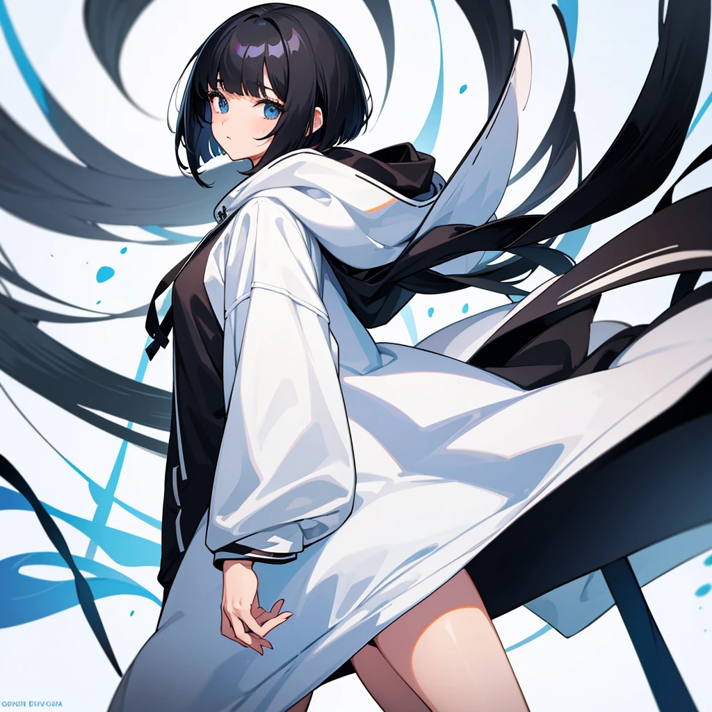 A girl with black hair in a bob cut wearing a large white hoodie、A girl with long black hair and a large hoodie。