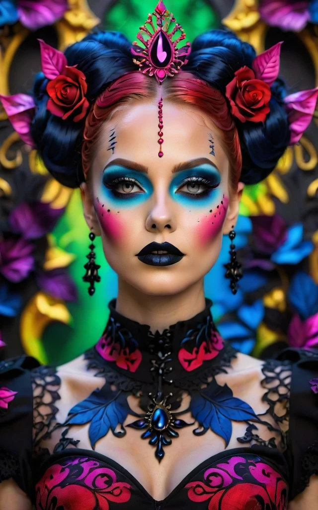 (best quality, 4K, 8K, high-resolution, masterpiece), ultra-detailed, photorealistic, striking young woman, bold Neo-Gothic makeup, bold Neo-Gothic hair, vibrant Pop Art inspired outfit, intricate facial designs, modern fashion, high fashion, vibrant colors, digital art