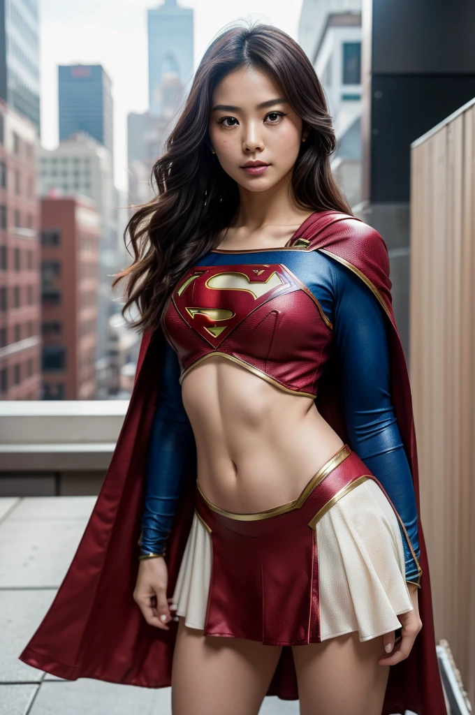 beautiful Anna Sawai (Japanese actress), Supergirl costume, medium breasts, (highdetailskin:1.2), 8K UHD, Digital SLR, Soft lighting, High quality, filmgrain, Fujifilm XT3, perfect figure, (beautiful woman:1.4), (Slim abs:1.1), ((flowing hair)), RAW photo, rooftop, New York city, superhero pose, close-up, heart-shaped pupils.