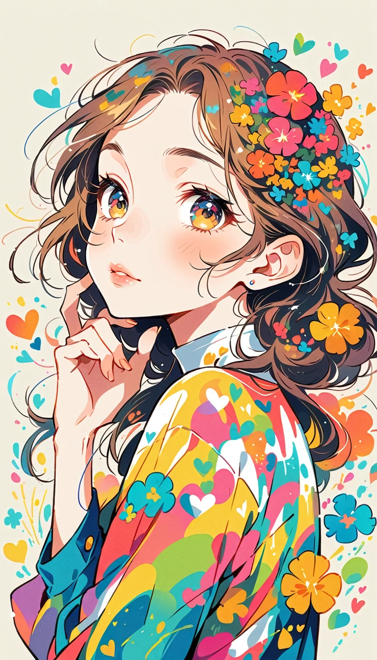 Mika Pikazo Style、The most beautiful girl of all time、Lips in Love、Colorful flowers、colorful hearts, Simple line initials、Abstract art、Urban Background