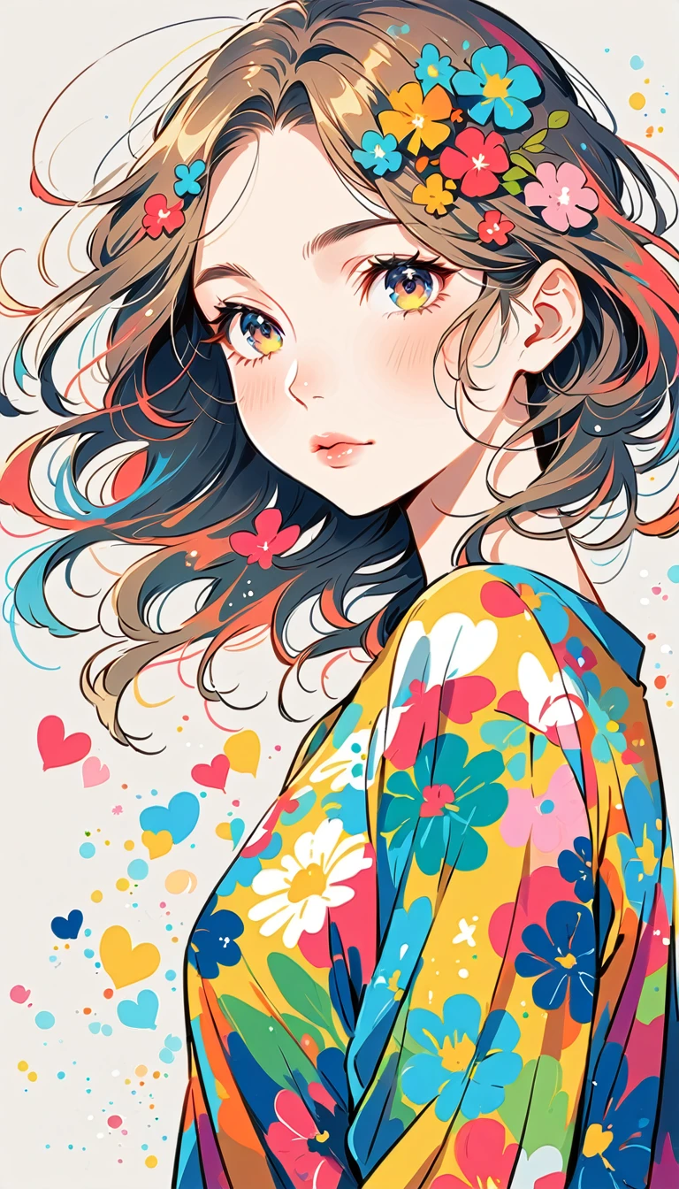 Mika Pikazo Style、The most beautiful girl of all time、Lips in Love、Colorful flowers、colorful hearts, Simple line initials、Abstract art、Urban Background