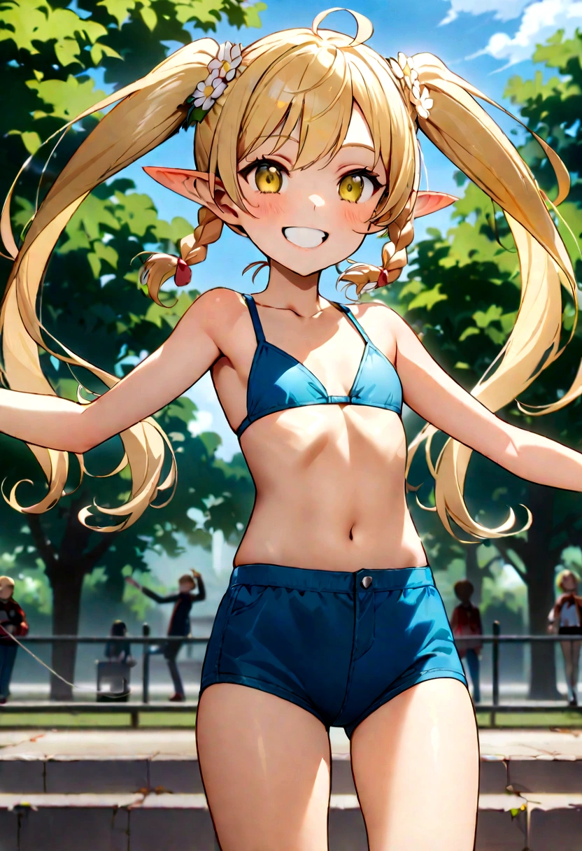 (masterpiece, Highest quality, Highest quality, Official Art, Beautiful blonde、Long twin tails with braids、Flower Hair Ornament Silky Skin、Fishing eyes、Pointed Ears、girl、、smile、目眩のするsmile、smile showing teeth、Thin arms、Small breasts、Slender upper body、Tight waist、Small hips、Thin thighs、Slim lower body、White micro bikini、Put something on your head、Schoolyard、Cowboy Shot、Full Body Shot、Dancing