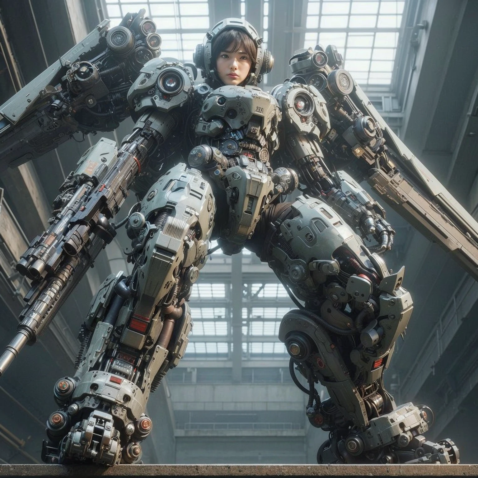 superrealism, ultra high res,8k,(Photorealsitic:1.4), (crab-like mechanical suit:1.2), designed by Hajime Katoki,heavy weapons,vivid textures,animal legs, gradation hair, japanese female soldier,(ultra beautiful face),((super realistic all textures)), ((super intricate all details)), Realistic detail enhancement like Magnific AI, full body shot, ultra sharp photo result, Acrylic Clear Cover, Hydraulic cylinder, style, taken with Fuji film X-T30+Nokton. HDR10,Minimum of 4 pieces created