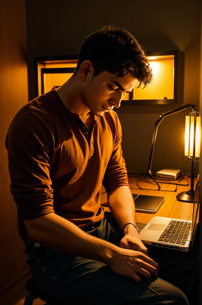 The image shows a young man sitting at a desk, working on his laptop. The room has a warm, orange glow from the lights.
