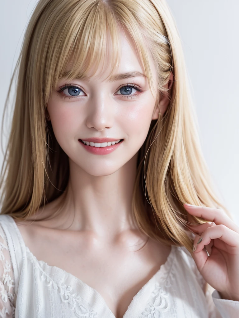 (Highest quality、8K、32k、masterpiece)、(RAW Photos)、(Realistic)、(High resolution)、Very detailedな、Very beautiful face and eyes、One Girl、Round and small face、Delicate body、(close、Highest quality、Rich skin detail、Highest quality、8K)、Very detailed、(Realistic、Realistic:1.37)、Vibrant colors、(((Laughter)))、(((blonde)))、(((Please touch my chest with your right hand..)))、(((smile)))、(((Bust Shot)))、(((White Background)))、((Medium Hair))、(((White wall background)))、(((blonde)))、(((Wear clothes with pop designs..)))、(((Black and white clothes)))、(((White wall background)))、