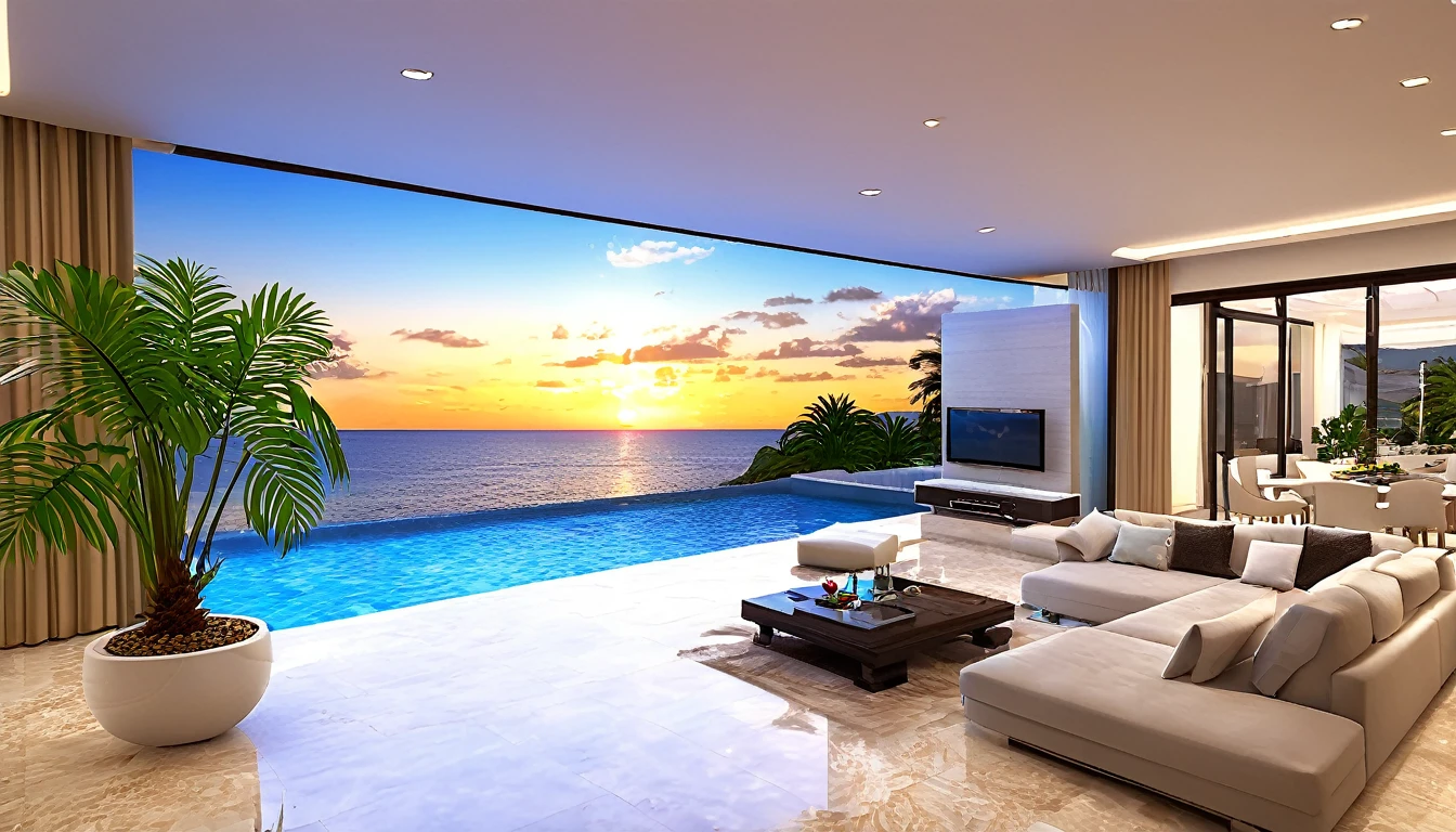 ((Beautiful Clouds))Designer lighting in front、There is a sofa and a coffee cup on the table、There is a waterfall nearby、Sunset and sea in the distance,(High-quality poolside flooring),There is a wall-mounted TV、Screen 70%The sea,4K,Ultra HD,Extravagant space,Ambient indirect lighting,Palm tree,rich,rich,VIP,VIP、There is a Monstera potted plant.