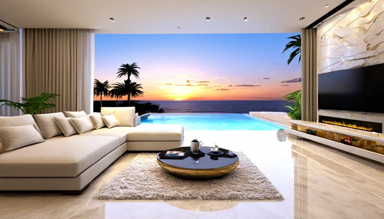 ((Beautiful Clouds))Designer lighting in front、There is a sofa and a coffee cup on the table、There is a waterfall nearby、Sunset and sea in the distance,(High-quality poolside flooring),There is a wall-mounted TV、Screen 70%The sea,4K,Ultra HD,Extravagant space,Ambient indirect lighting,Palm tree,rich,rich,VIP,VIP、There is a Monstera potted plant.