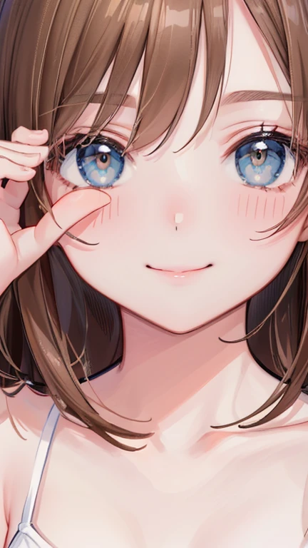 Highest quality, masterpiece, Ultra-high resolution, 8K, Show anime style , One, Soft Line Art, Digital Enhancement, shojo anime touch, shojo manga core, Flowing fabric, close, Soft Drawing, Ultra High Definition Digital Anime Art, Clear facial depiction, Highly detailed girl manga character art, Ultra-detailed manga style, Highest qualityの色, (Short brown hair)), Staring at us from the front, Beautiful brown hair, Clear brown eyes, A little chubby,Small breasts,Small butt,(((Teasing Smile)) 、Sexy white bikini swimsuit、Midsummer Sunshine,Sandy Beach,I put my hands over my eyes because of the glare, (Face close up)