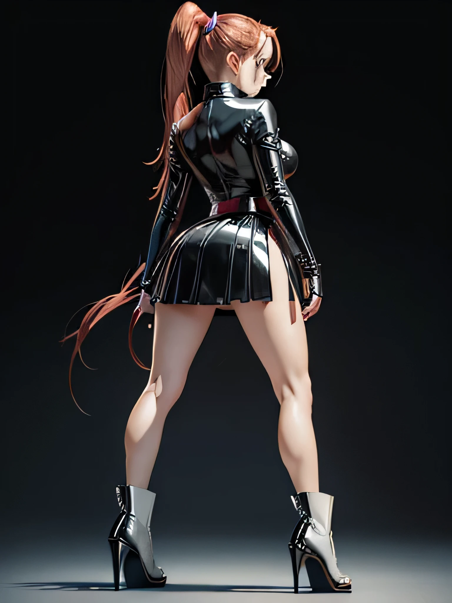 anime character with a latex micro skirt, latex bra, knee high latex boots, long legs, full body rendering, looking away, elbow long gloves, ponytail, showing behing, backshot, full body shot, full body, high heels, looking to the side, skirt too short, booty under skirt, ass under skirt, walking away, walking, walking shot
