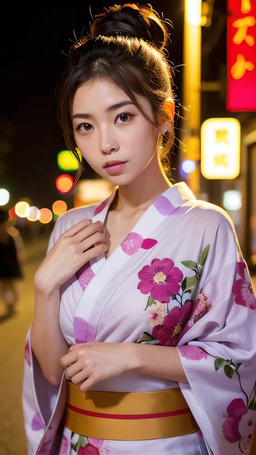 Highest quality, full body、 Soft Light, Ultra-high resolution, (Realistic:1.4), RAW Photos,
One Japanese woman, alone,  (pupil, light in your eyes),Fireworks in the background、night、One Japanese woman, alone, beautiful, (pupil, light in your eyes), Beautiful face in every detail, (slim body),(High resolution detail of human skin texture),Hair Bun、(Floral Yukata:1.2)、