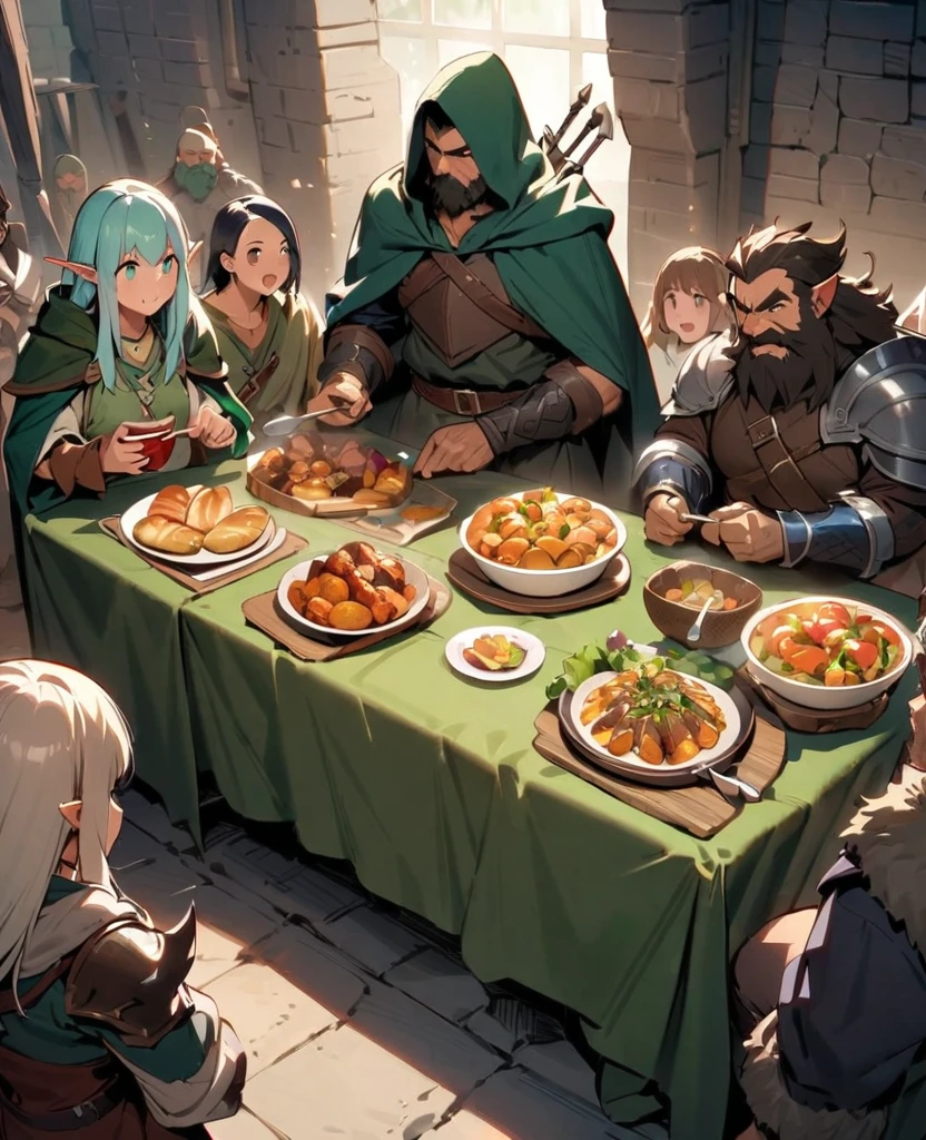 (best quality, masterpiece, ultra highres, ultra-detailed:1.2) , Dwarven warriors,Human Warrior,Elven Wizard,Half-footed Adventurer,Everyone gathers around the table to enjoy the food.,at dungeon,"Delicious in Dungeon",