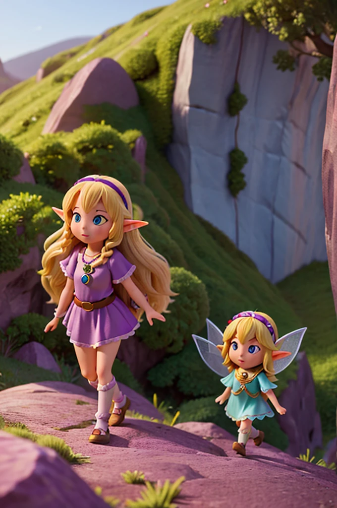 a girl with long blonde hair with a pendant with a purple stone and elf ears walked up a steep and rocky road together with a fairy with fairy wings, the place is desert in flamboyant mountain style