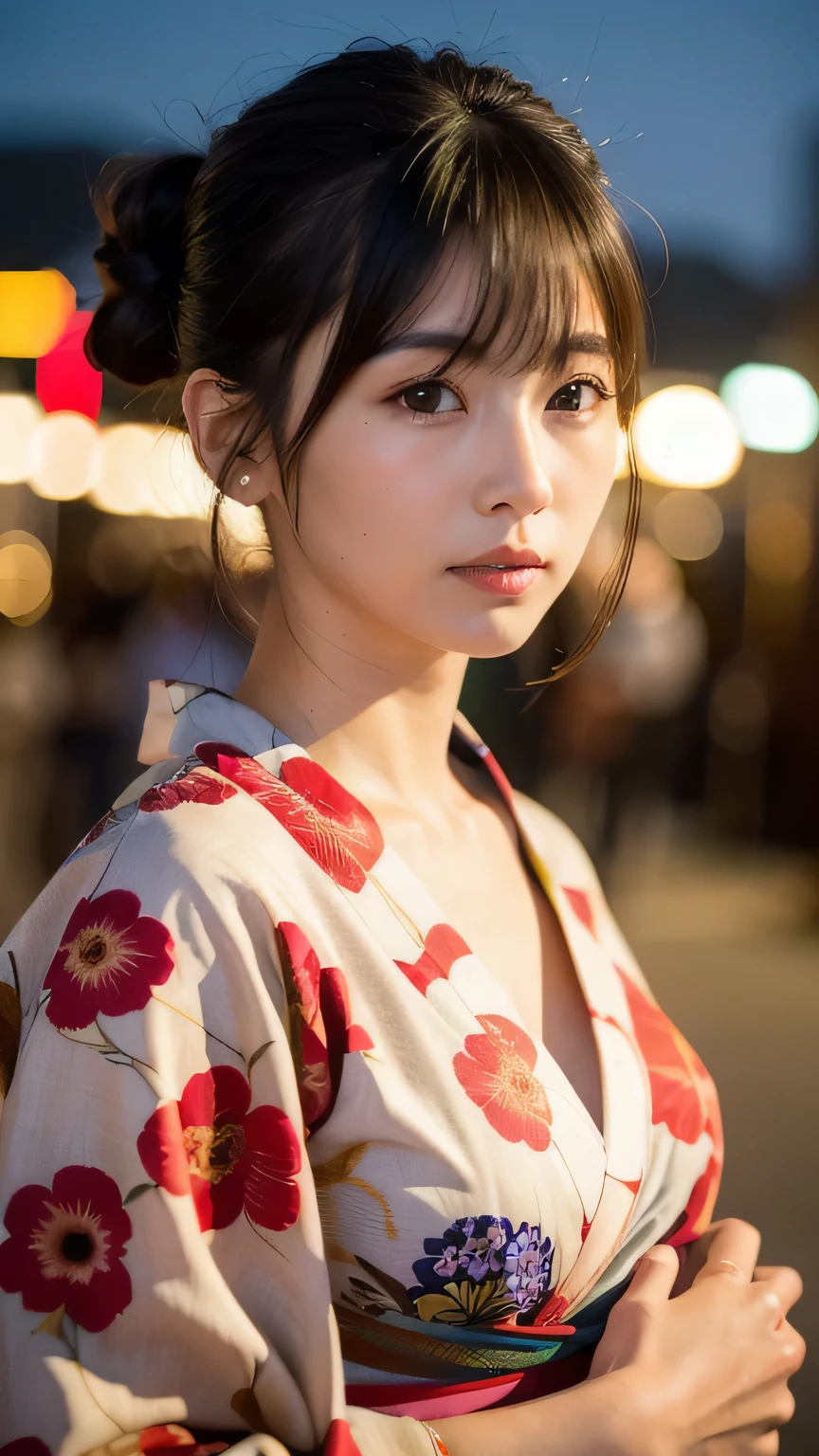 Highest quality, full body、 Soft Light, Ultra-high resolution, (Realistic:1.4), RAW Photos,
One Japanese woman, alone, (pupil, light in your eyes),Fireworks in the background、night、One Japanese woman, alone, beautiful, (pupil, light in your eyes), Beautiful face in every detail, (slim body),(High resolution detail of human skin texture),Hair Bun、(Floral Yukata:1.2)、