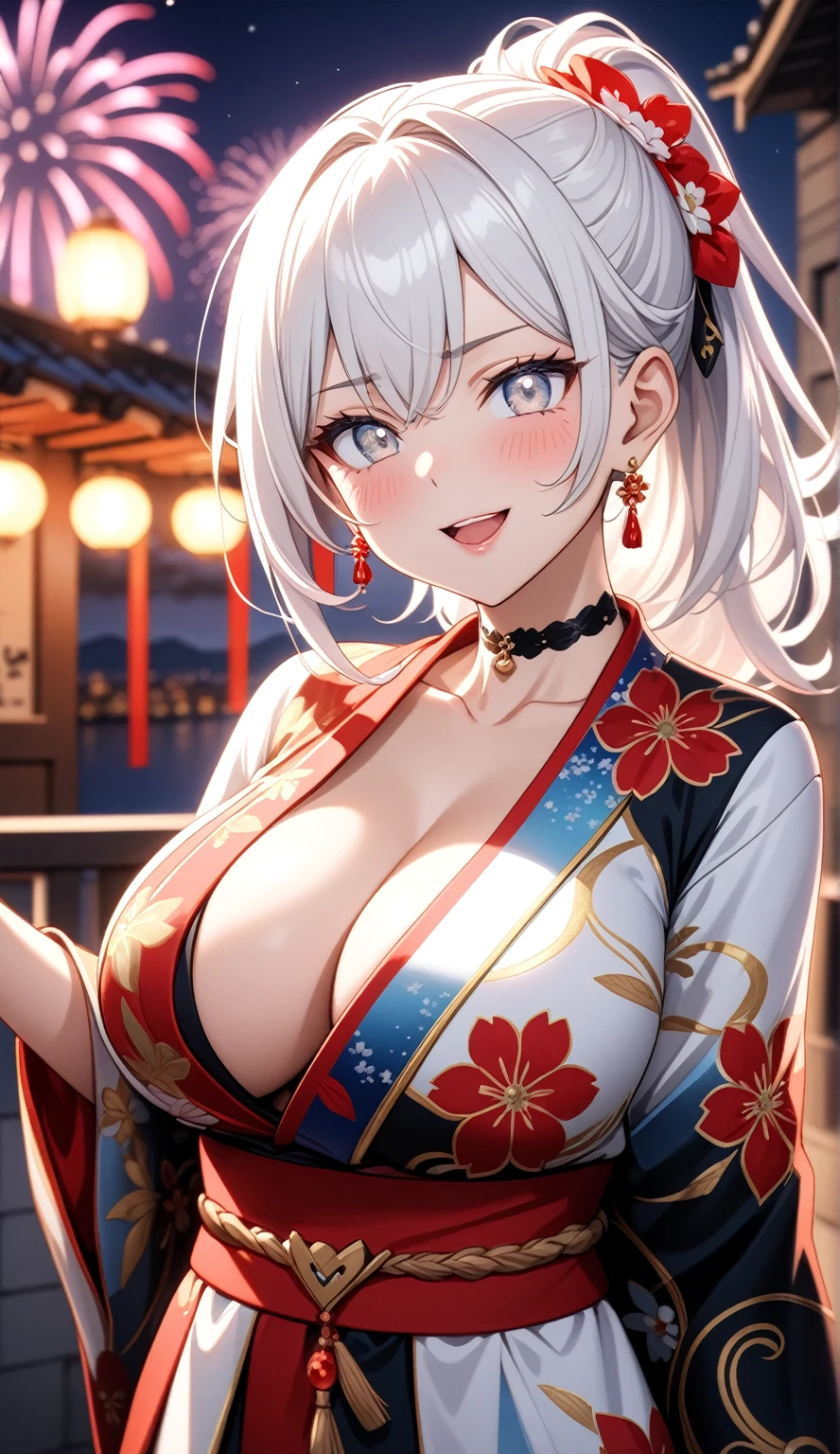 ((One personの女性)), Beautiful Face,Laughing embarrassedly,((Wink:1.9)),Laugh with your mouth wide open((Bright red cheeks:1.4)),Shiny red lips,night,rooftop,Festive decorations,You can see the ocean, firework,Laughing with your mouth open,Glossy pink lips,Lighting on the face,((Anime style background)),masterpiece, Highest quality, so beautiful,Latest, Complex details, (Pink long nails),(ring),(bracelet),(choker),AI-generated, Complex,High resolution, Highest quality, super high quality,3D Images、looking outside、3D Images,One person,Long white hair,High Ponytail,(blue eyes),Anime woman posing for a photo, ((Fine grain、Silvery white colorful eyes、Shining Eyes:1.4)),(Squint your eyes:1.1),a hyperRealistic , hyperRealistic , Realistic,Anime woman with long and white hair, Smooth anime CG art, A woman in a colorful kimono with gold embroidery, (Black long sleeve kimono),Red floral pattern,Long flower hair ornament,Big earrings,Mature Body,(Big Breasts:1.1),Tall,Abdominal muscles,Narrow waist,(Zoom in on face:1.7),Shooting from below at an angle