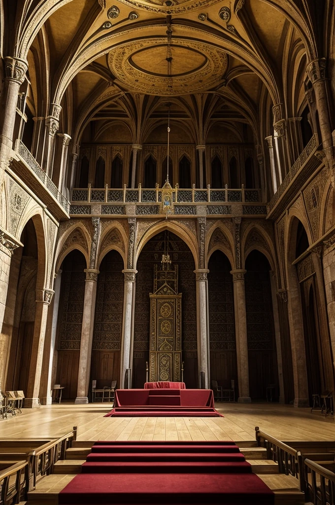 A large medieval coronation hall with 4 medium-sized thrones in the center