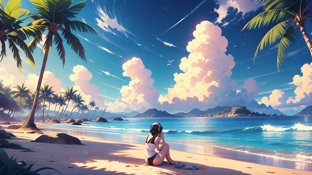 anime girl siting on the beach headphones on, palm trees, rhads and lois van baarle, lois van baarle and rossdraws, artgerm and lois van baarle, beautiful digital artwork, beaching, extremely detailed artgerm, deviantart artstation cgscosiety, anime background art, amazing wallpaper, background art, hd wallpaper, relaxing concept art, beautiful wallpaper, high quality desktop wallpaper, background artwork, pc wallpaper, anime background, wallpaper hd, 8K image quality, Masterpiece