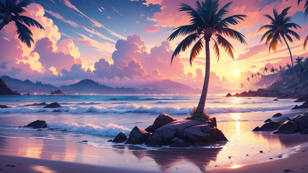 anime girl siting on the beach headphones on, palm trees, rhads and lois van baarle, lois van baarle and rossdraws, artgerm and lois van baarle, beautiful digital artwork, beaching, extremely detailed artgerm, deviantart artstation cgscosiety, anime background art, amazing wallpaper, background art, hd wallpaper, relaxing concept art, beautiful wallpaper, high quality desktop wallpaper, background artwork, pc wallpaper, anime background, wallpaper hd, 8K image quality, Masterpiece