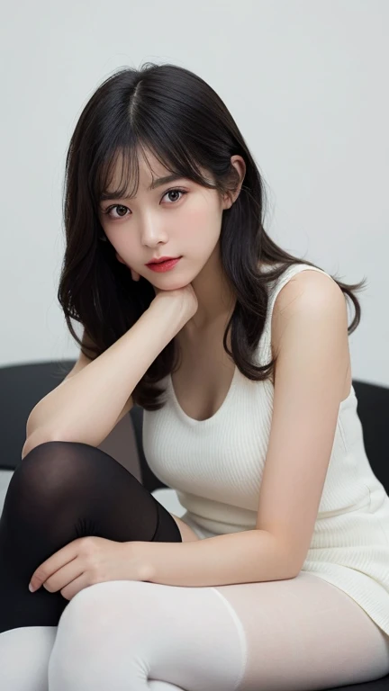 (((forehead、Northern Europe、Caucasian、beautiful girl、Black Hair、White background、Tights)))、On the table, best quality, number, Very detailed, Finely, high resolution, 8k wallpaper, Perfect dynamic composition, Delicate and beautiful eyes, Deco,Blonde, Medium Length Hair, Super big breasts, Natural lipstick,White background, Casual cute pose,Ruffle dress
