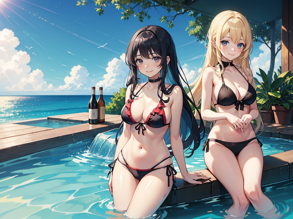 Three Girls,cute, Age 25, (Dirty Bikini), blush, (A shy smile), (５At the night pool of a star hotel), (Infinity Pool), Cowboy Shot, masterpiece, Super detailed, Highest quality