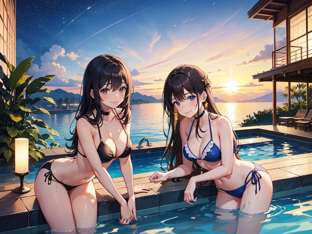 Three Girls,cute, Age 25, (Dirty Bikini), blush, (A shy smile), (5At the night pool of a star hotel), (Infinity Pool), Cowboy Shot, masterpiece, Super detailed, Highest quality