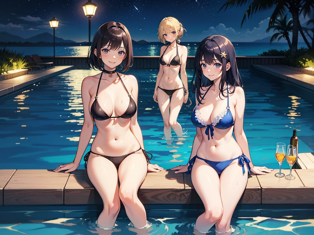 Three Girls,cute, Age 25, (Dirty Bikini), blush, (A shy smile), (5At the night pool of a star hotel), (Infinity Pool), Cowboy Shot, masterpiece, Super detailed, Highest quality