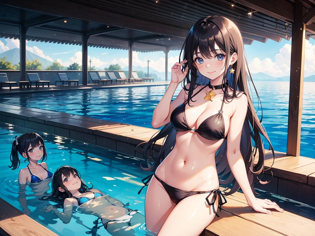 Three Girls,cute, Age 25, (Dirty Bikini), blush, (A shy smile), (５At the night pool of a star hotel), (Infinity Pool), Cowboy Shot, masterpiece, Super detailed, Highest quality