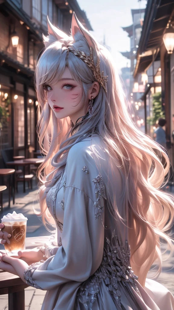Realistic , photorealistic , masterpiece , best quality , super quality , ((ultra detailed)), extremely detailed , highers , Raw Photo , 16k portrait , curvy , mysterious , full body , semilong silver hair , ultrahappy , (cafe) , View notes , Side angle , (think) , Sacred