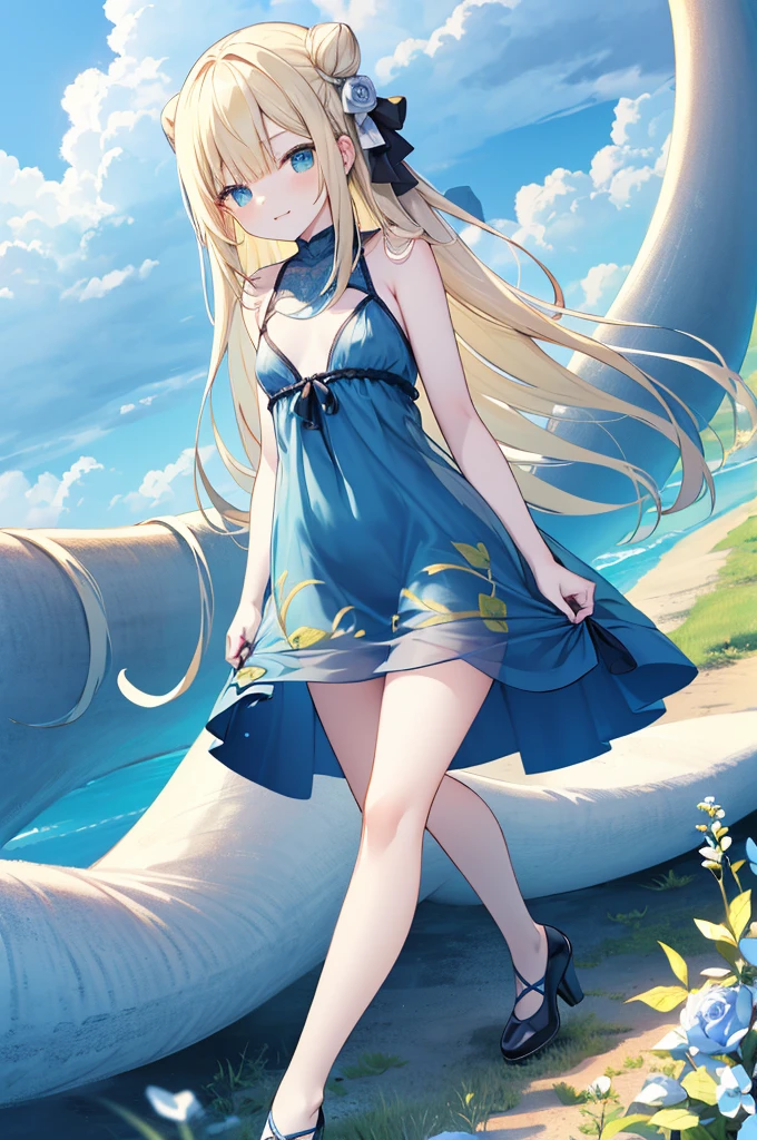 Yellow Hair，Blue eyes，Carly，Adorable，((See-through blue dress))，Blue high heels on her feet，whole body，Fingers and arms are not exposed，Blue rose flower field in the background，Blue sky and white clouds，，Happy expression，High quality light and shadow，Artistic Sense((Hair Bun))(Very long hair))((Blunt bangs))((Bitch))((tsurime))((Big eyes))((Skinny body))((expensive))(Pale skin))((Botanical Prints))(())((Showing nipples under shirt))(Pale skin))((Botanical Prints))((infantfw))((((5 years old))))))((Lolita)