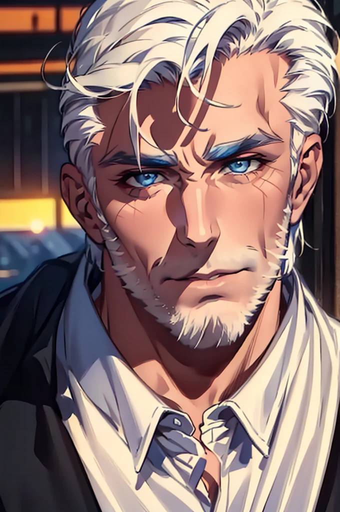 ((masterpiece:1.2, Best quality)), 4k, adult, European face, 1 person, male, , masculine, Beautiful, tall, dark casual wear, White skin, white hair, blue eyes s, portrait, sunset, man, adult man