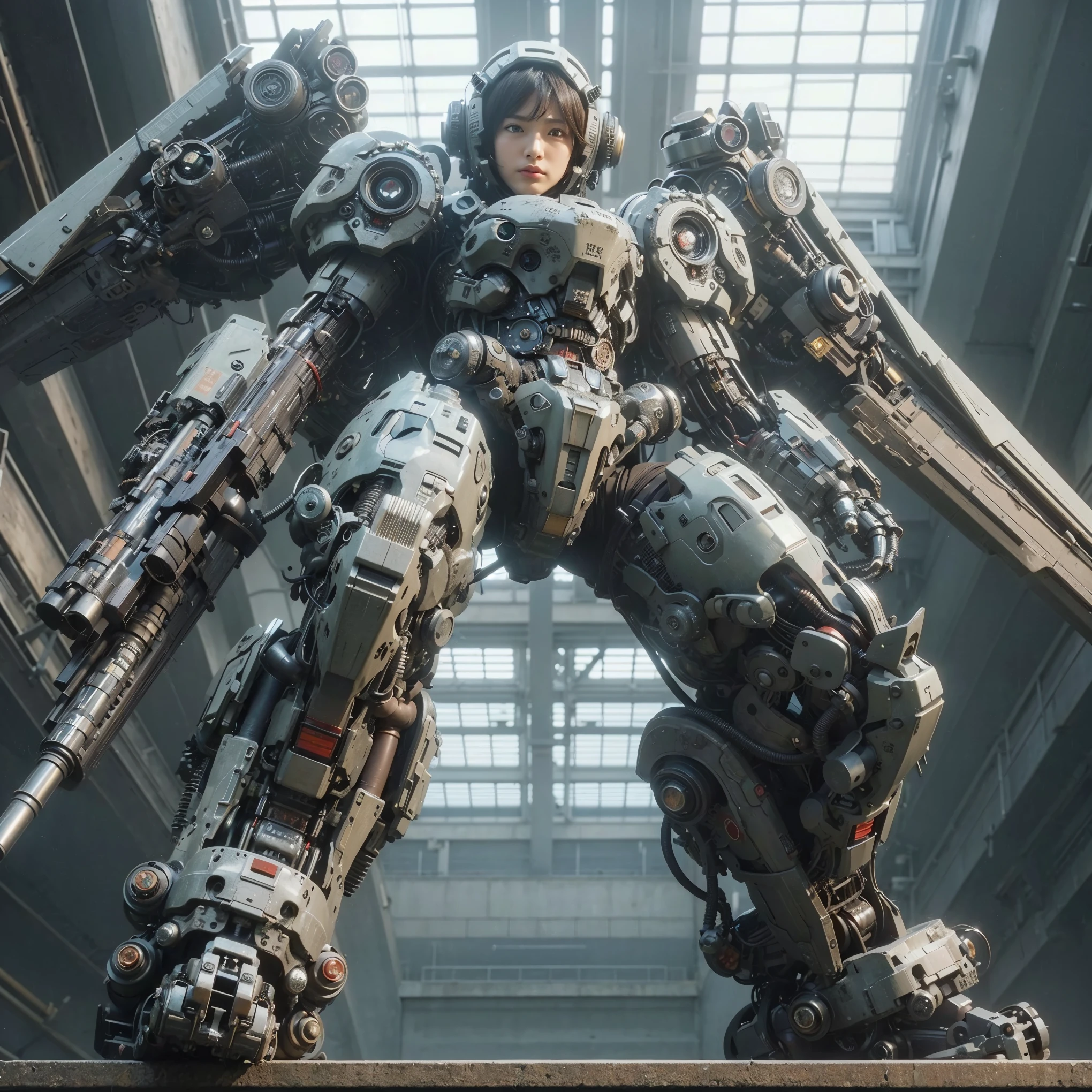 superrealism, ultra high res,8k,(Photorealsitic:1.4), (crab-like mechanical suit:1.2), designed by Hajime Katoki,heavy weapons,vivid textures,animal legs, gradation hair, japanese female soldier,(ultra beautiful face),((super realistic all textures)), ((super intricate all details)), Realistic detail enhancement like Magnific AI, full body shot, ultra sharp photo result, Acrylic Clear Cover, Hydraulic cylinder, style, taken with Fuji film X-T30+Nokton. HDR10,Minimum of 4 pieces created