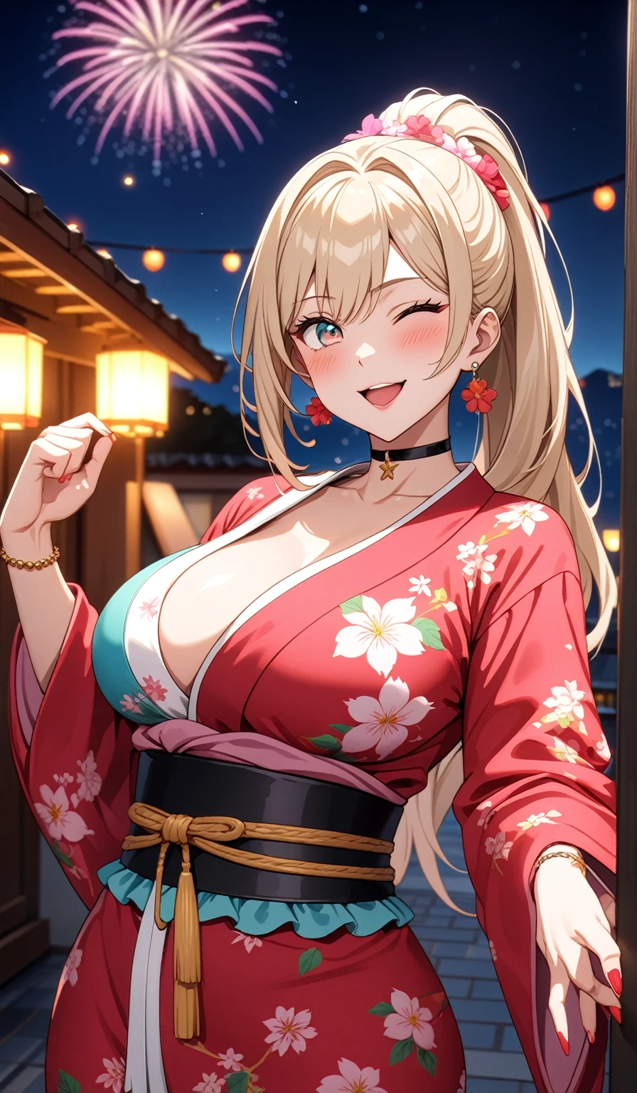 ((One personの女性)), Beautiful Face,Laughing embarrassedly,((Wink:1.9)),Laugh with your mouth wide open((Bright red cheeks:1.4)),Glossy pink lips,night,rooftop,Festive decorations,You can see the ocean, firework,Laughing with your mouth open,Glossy pink lips,Lighting on the face,((Anime style background)),masterpiece, Highest quality, so beautiful,Latest, Complex details, (Pink long nails),(ring),(bracelet),(choker),AI-generated, Complex,High resolution, Highest quality, super high quality,3D Images、looking outside、3D Images,One person,Long blonde hair,High Ponytail,(Turquoise Eyes),Anime woman posing for a photo, ((Fine grain、Colorful Eyes、Shining Eyes:1.4)),(Squint your eyes:1.1),a hyperRealistic , hyperRealistic , Realistic,Anime woman with long and white hair, Smooth anime CG art, A woman in a colorful kimono with gold embroidery, (Pink long sleeve kimono),Red floral pattern,Long flower hair ornament,big floral earrings,Mature Body,(Big Breasts:1.1),Tall,Abdominal muscles,Narrow waist,(Zoom in on face:1.6),Shooting from below at an angle