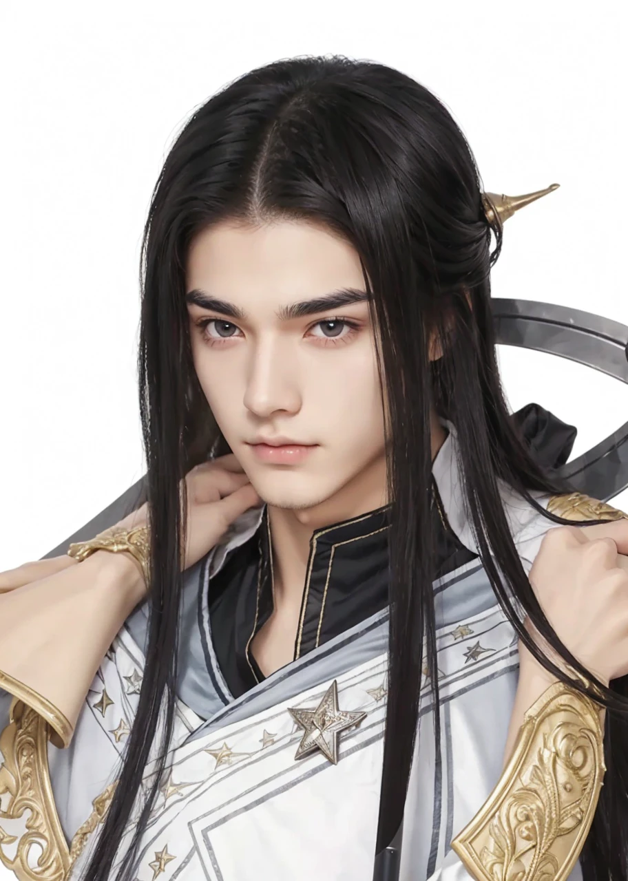 Boys，23 years old，Black long hair，Sword-like eyebrows and star-like eyes，Gentle eyes