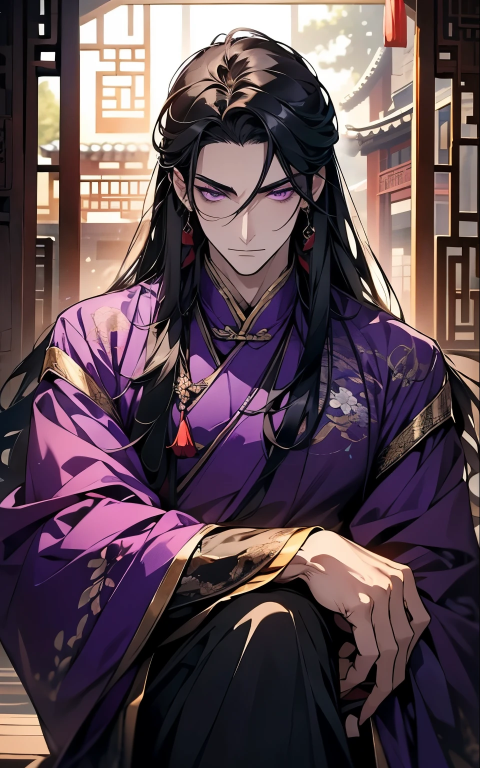 1 middle-aged man, (45 years old), long black hair, violet eyes, chinese clothes, (!PURPLE! clothes), available at purple chinese room, portrait