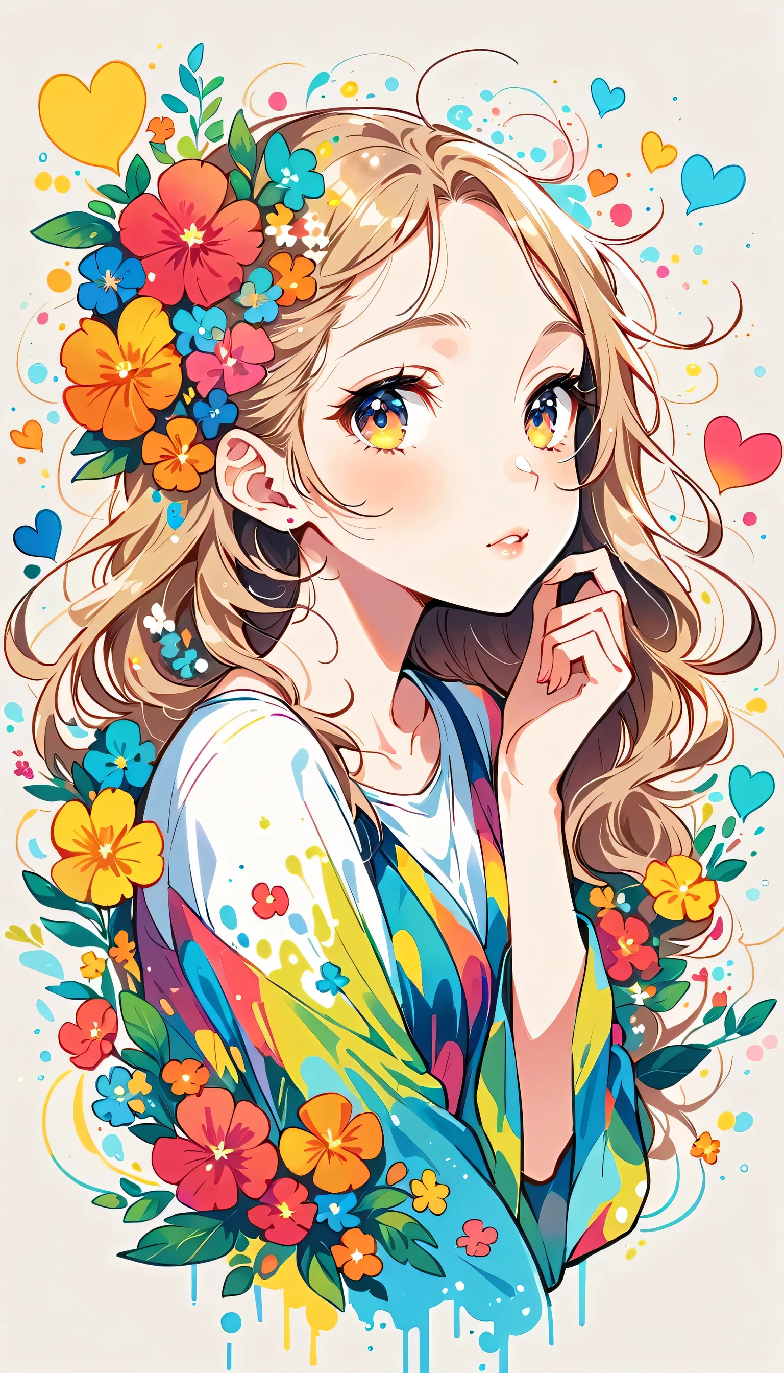 Mika Pikazo Style、The most beautiful girl of all time、Lips in Love、Colorful flowers、colorful hearts, Simple line initials、Abstract art、Urban Background