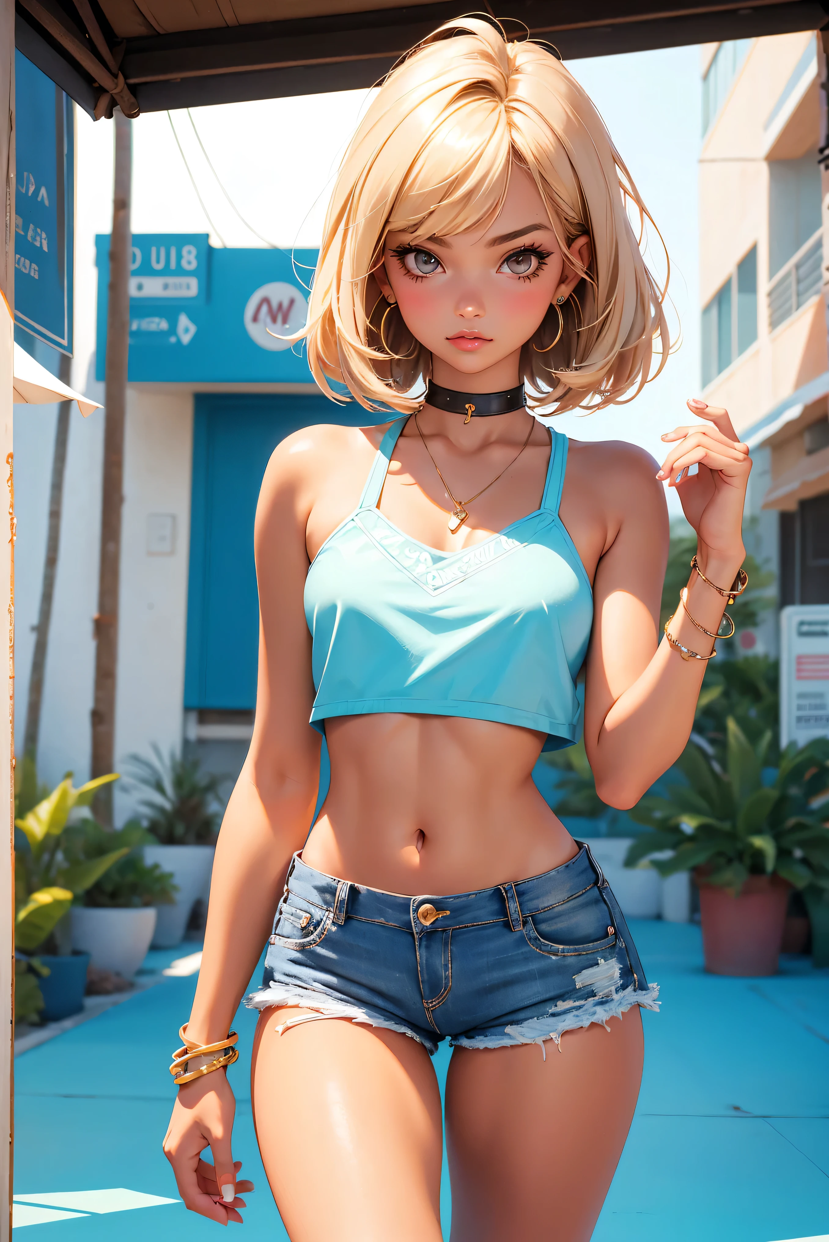 Teenage girl-model 18 years old, beautiful, tanned, blonde, bob hair, bangs, brown eyes, beautiful figure, girl wearing crop shirt and too short mini shorts, beautiful long legs, slave bracelets, slave choker, manicure, cute makeup, flirtatiously posing, hot summer, hot flirty, sexy posing, summer outfit, top quality, higest quality, pin-up style, retro 80s style, Daisy Dukes style, Miami vibes, Californian