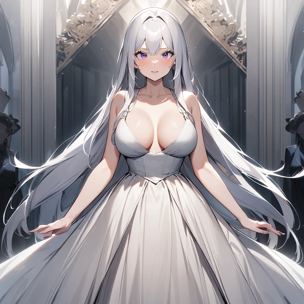 nafw,(2 girls),(duo),breast,absurdres,best quality,very aesthetic,absurdres,bra,(light silver White hair),太もも,(purple),(straight-on),(long hair),(gown),(bare breasts),(huge)